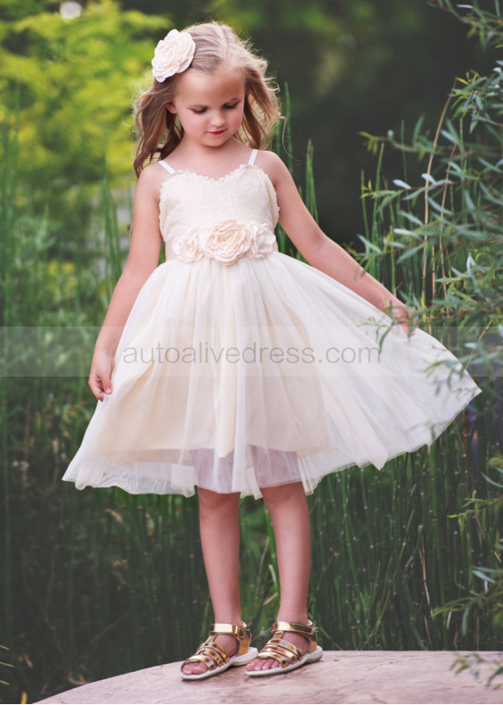 Spaghetti Straps Ivory Gold Sequin Tulle Flower Girl Dress